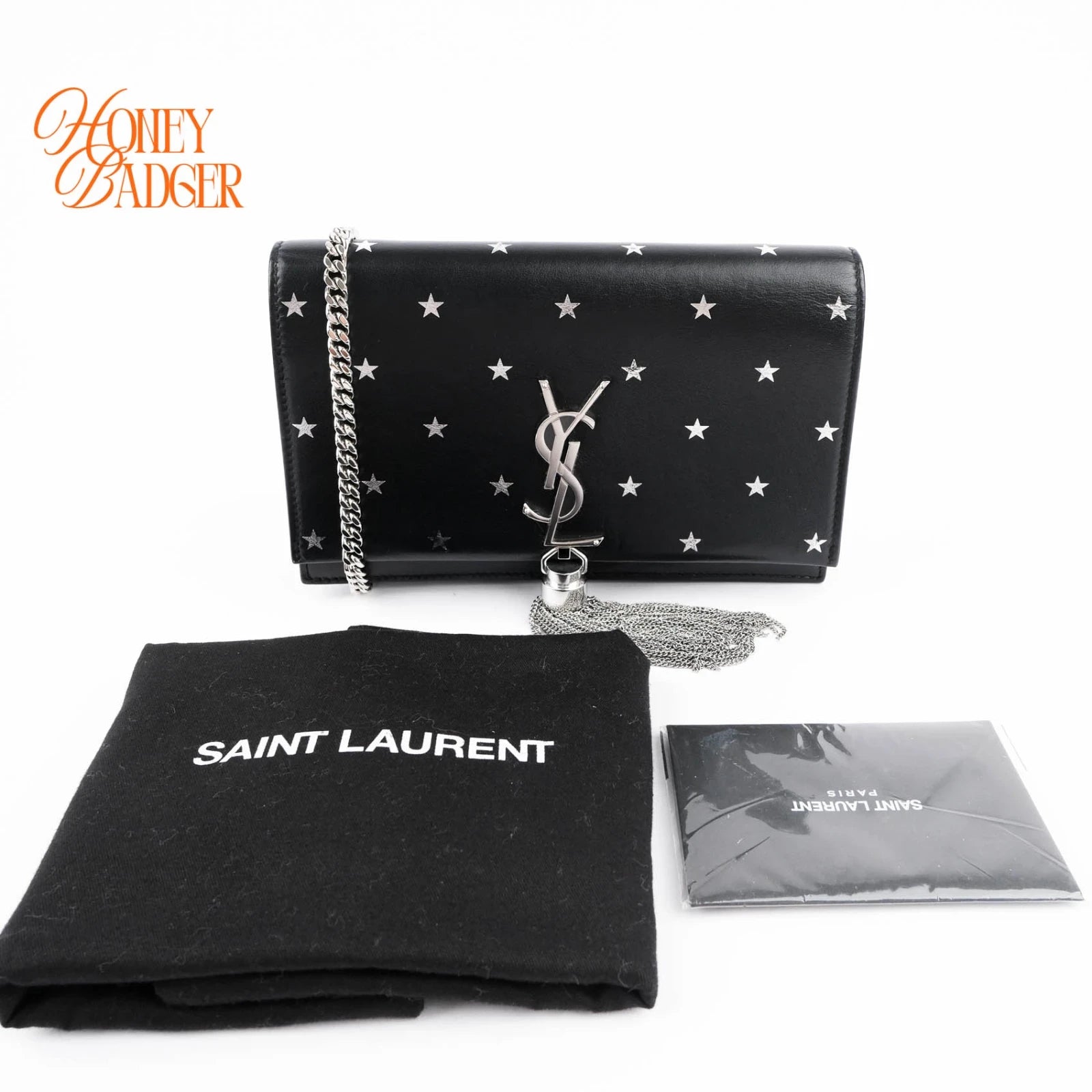 Saint Laurent Kate Small Tassel Chain Shoulder Bag Black Leather with Silver Star Print