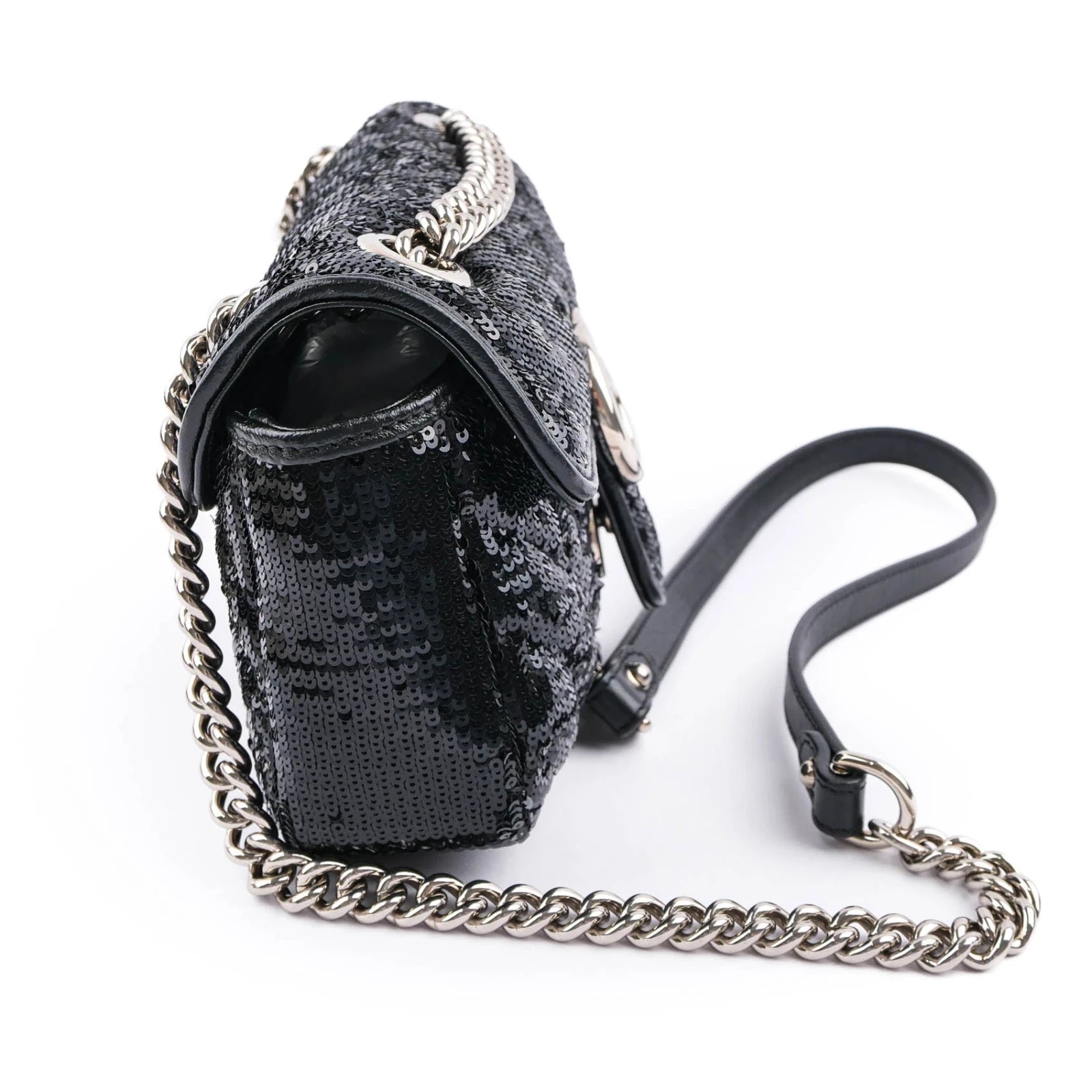 Gucci GG Marmont Medium Sequin Chain Shoulder Bag Black Rank S