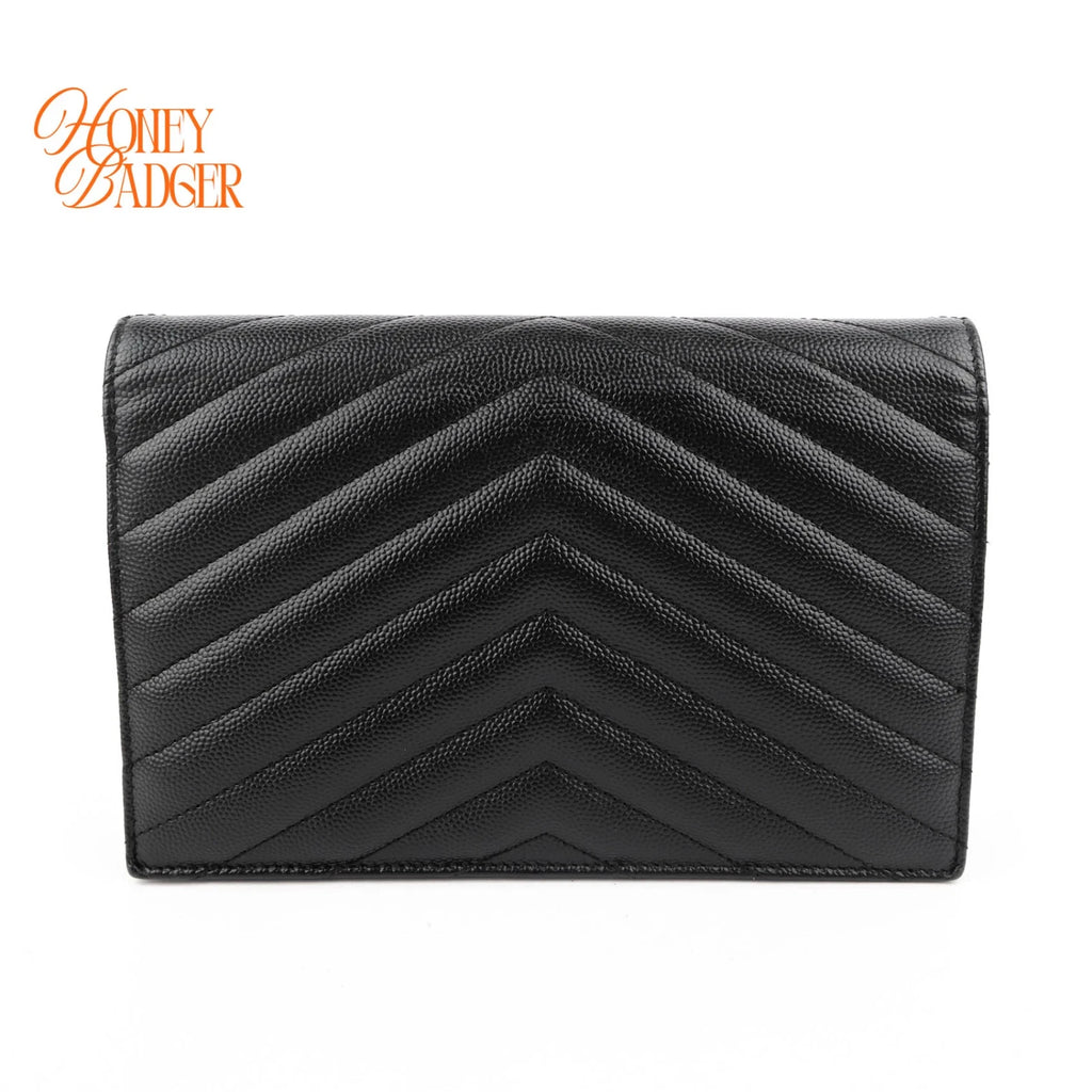 Saint Laurent Cassandre Envelope Chain Wallet Grain de Poudre Leather Black Gold Hardware Rank A