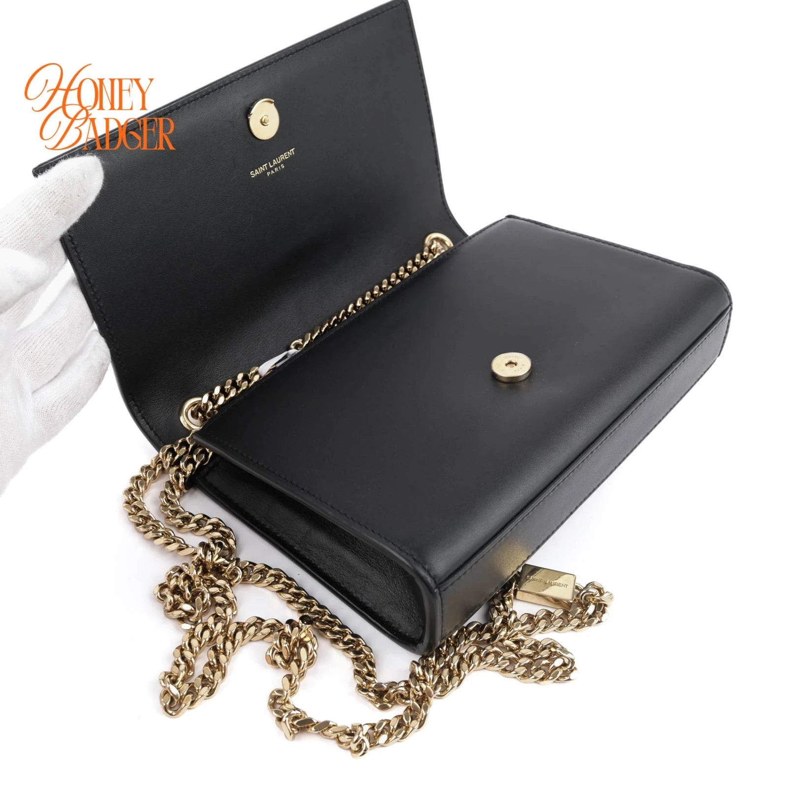 Saint Laurent Kate Small Bicolor Logo Chain Shoulder Bag Black Leather 469390