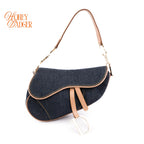 Dior Saddle Denim Dark Blue Camel Leather Gold Hardware Rank A