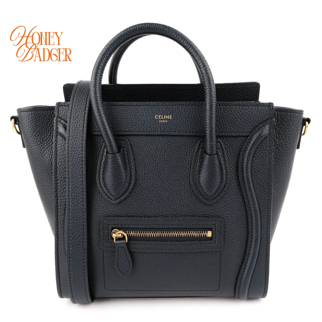 Celine Nano Luggage Bag Drummed Calfskin Navy Gold Hardware Rank A