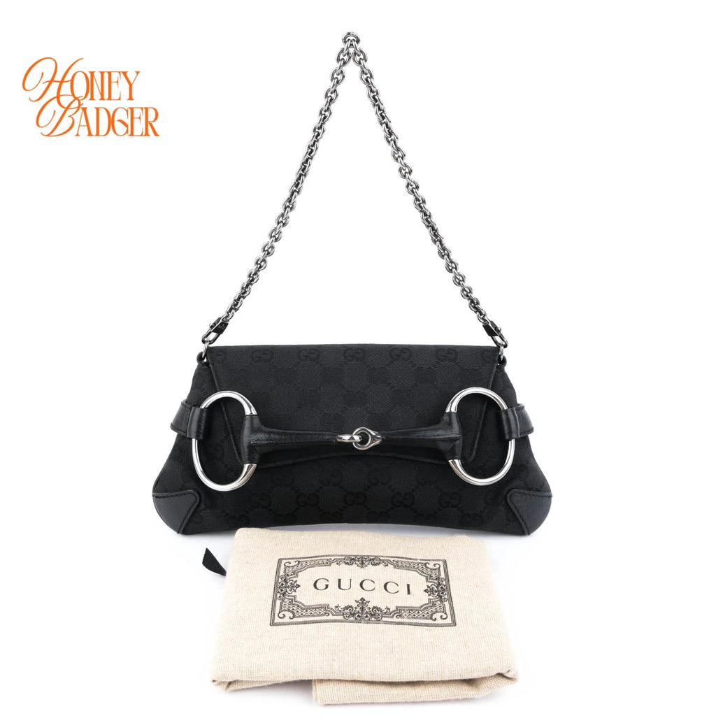 Gucci Horsebit Chain Clutch GG Canvas Black Silver Hardware Rank A