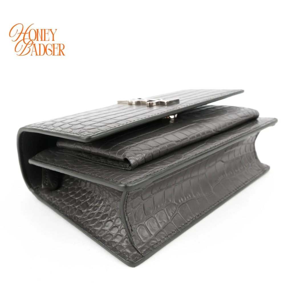 Saint Laurent Sunset Mini Chain Wallet Crocodile-Embossed Calfskin Grey Silver Hardware Rank A