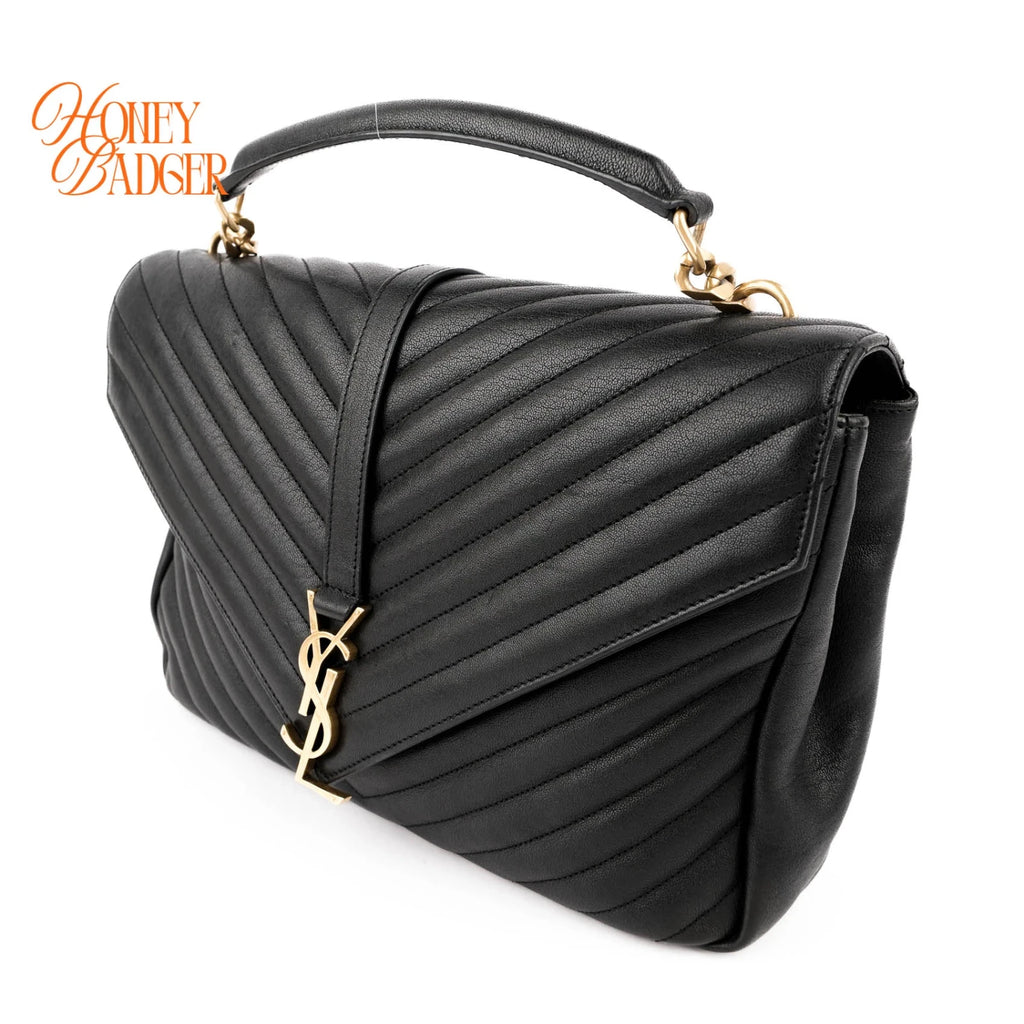 Saint Laurent College Medium Chevron Quilted Leather Black Rank A