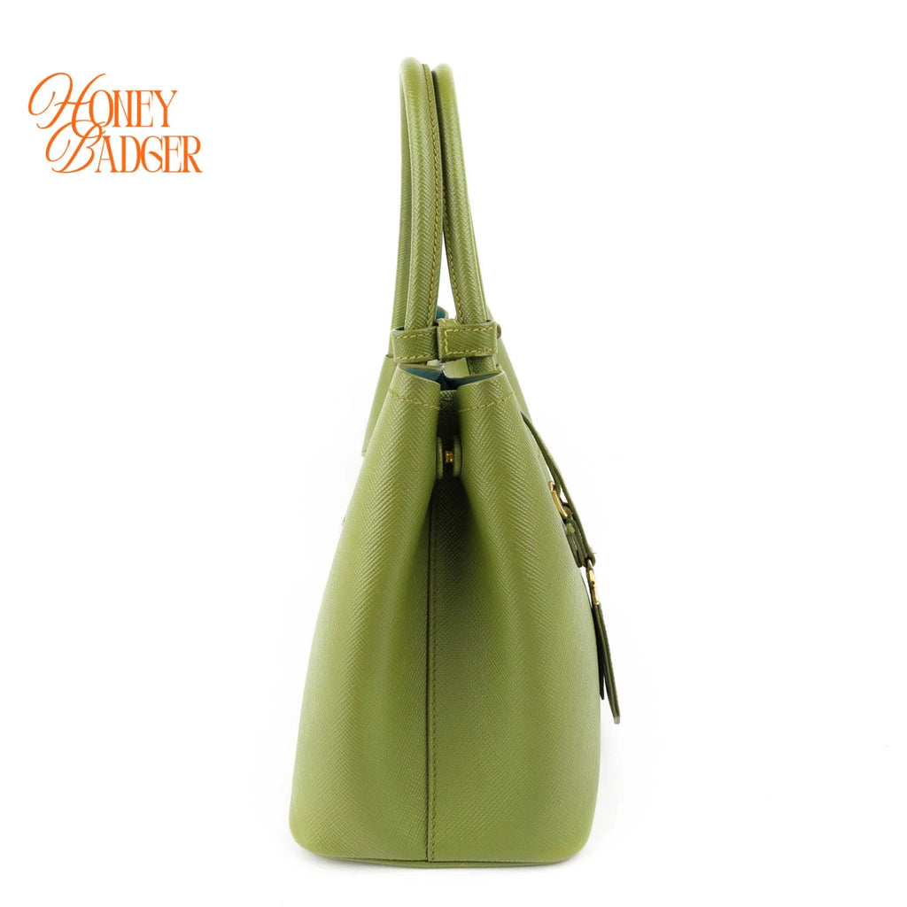 Prada Double Medium Saffiano Leather Green Gold Hardware Rank A