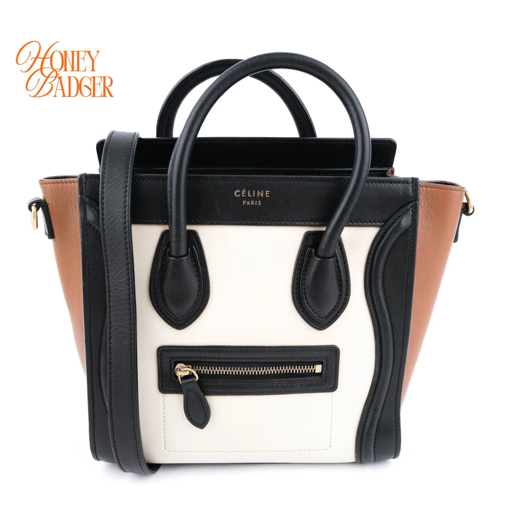 Celine Luggage Nano Leather Tricolor Black White Brown Rank A