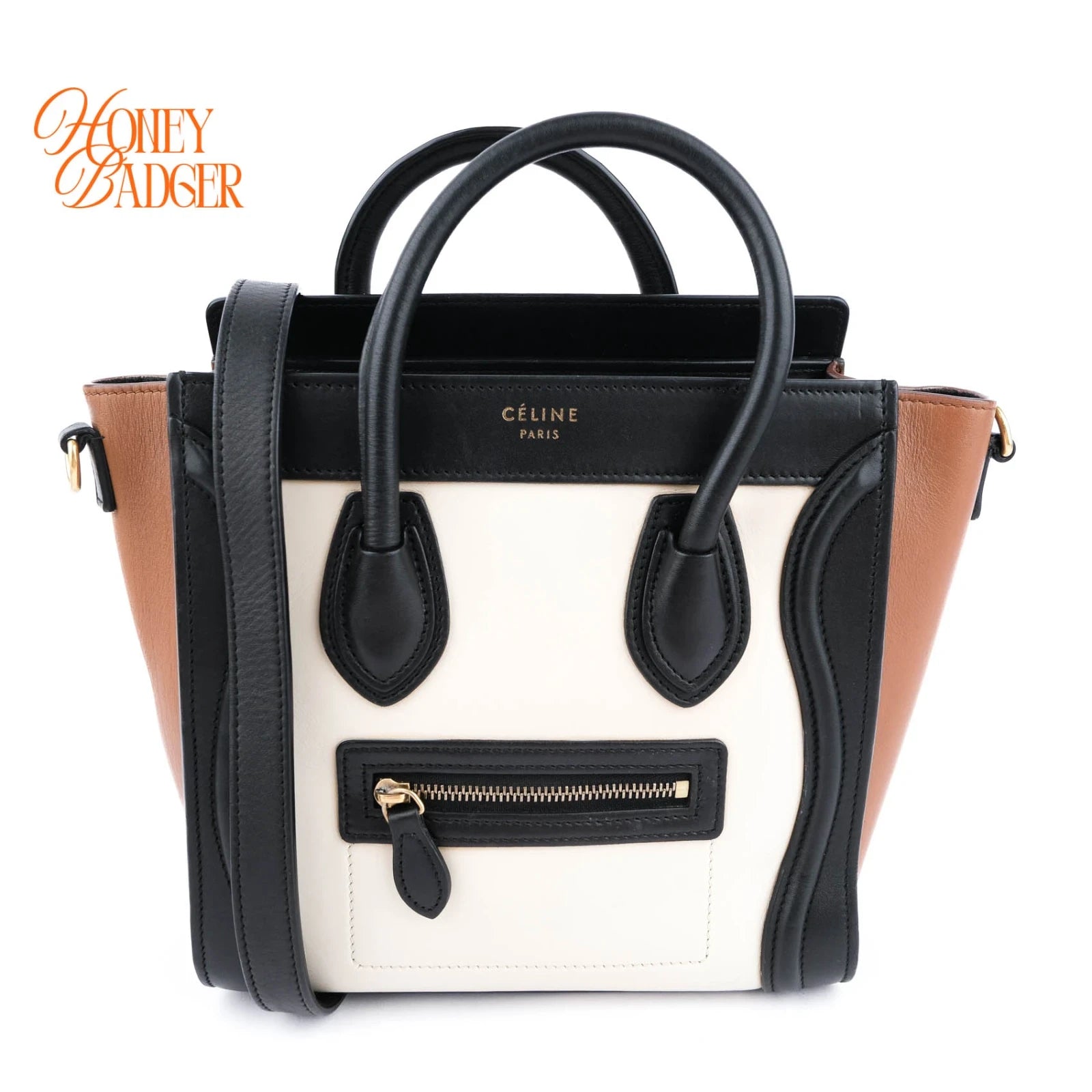Celine Luggage Nano Leather Tricolor Black White Brown Rank A