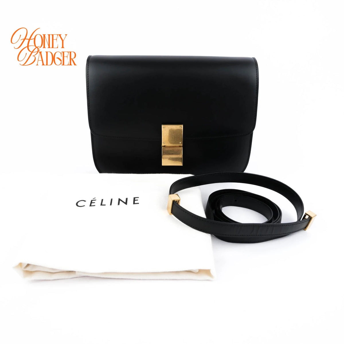 Celine Classic Box Medium Leather Black Gold Hardware Rank A