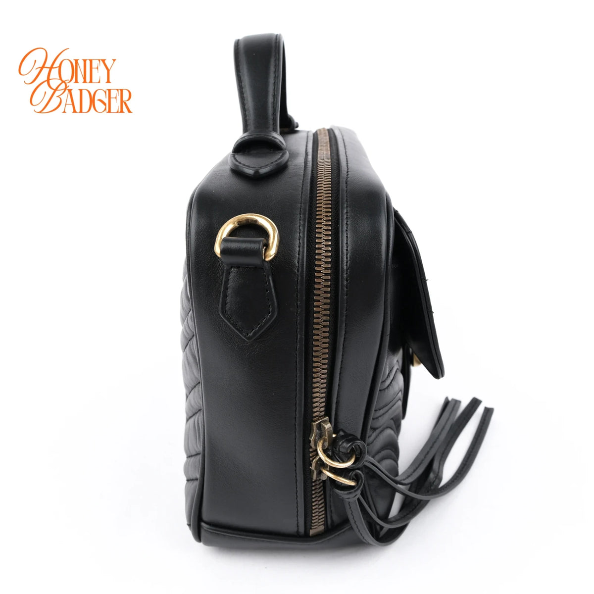 Gucci GG Marmont Top Handle Quilted Leather Black Web Strap 2-Way Bag Rank A