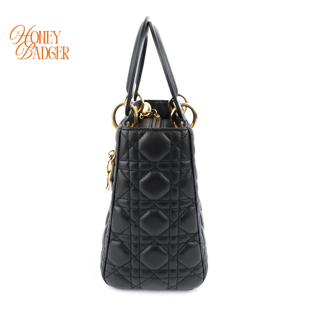 Dior Lady Dior Medium Cannage Lambskin Black Pale Gold Hardware Rank A