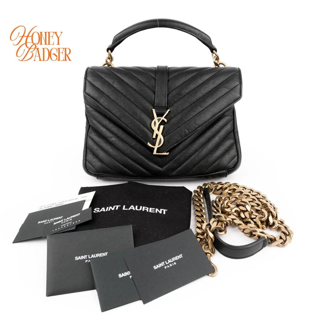 Saint Laurent College Medium Chevron Quilted Leather Black Rank A