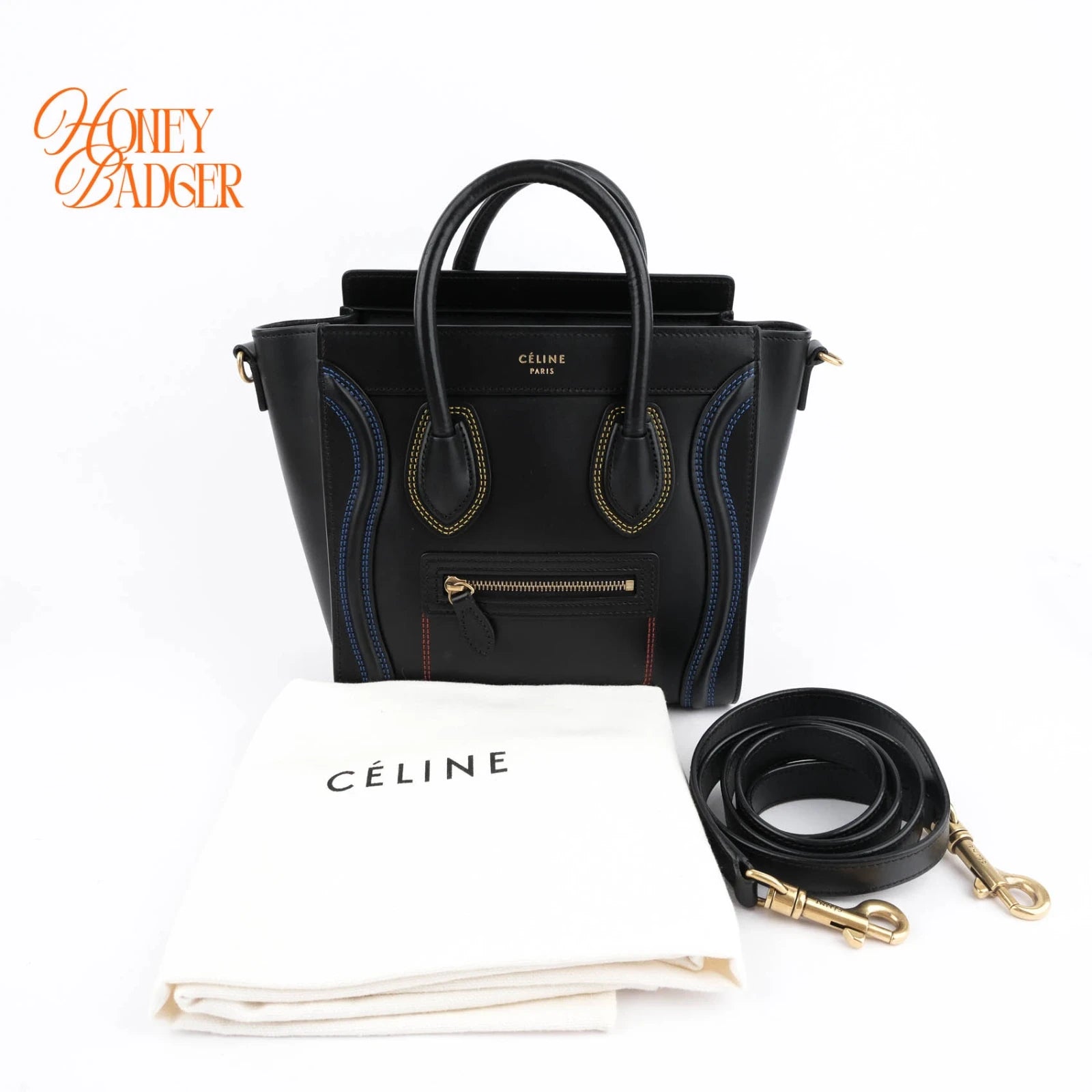 Celine Luggage Nano Black Smooth Leather Multicolor Stitch Rank A