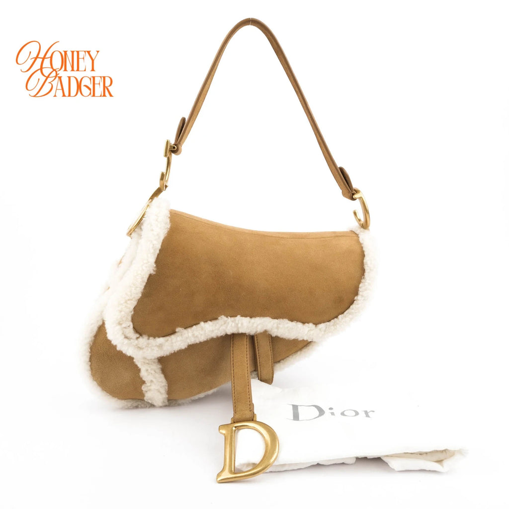 Dior Saddle Bag Camel Shearling Suede Antique Gold Hardware Rank A