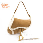 Dior Saddle Bag Camel Shearling Suede Antique Gold Hardware Rank A