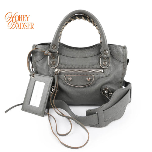Balenciaga Classic Mini City Grey Leather 2WAY Shoulder Bag Mirror Included 390160