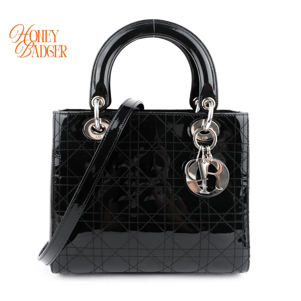Dior Lady Dior Medium Patent Leather Black Silver Hardware Rank A