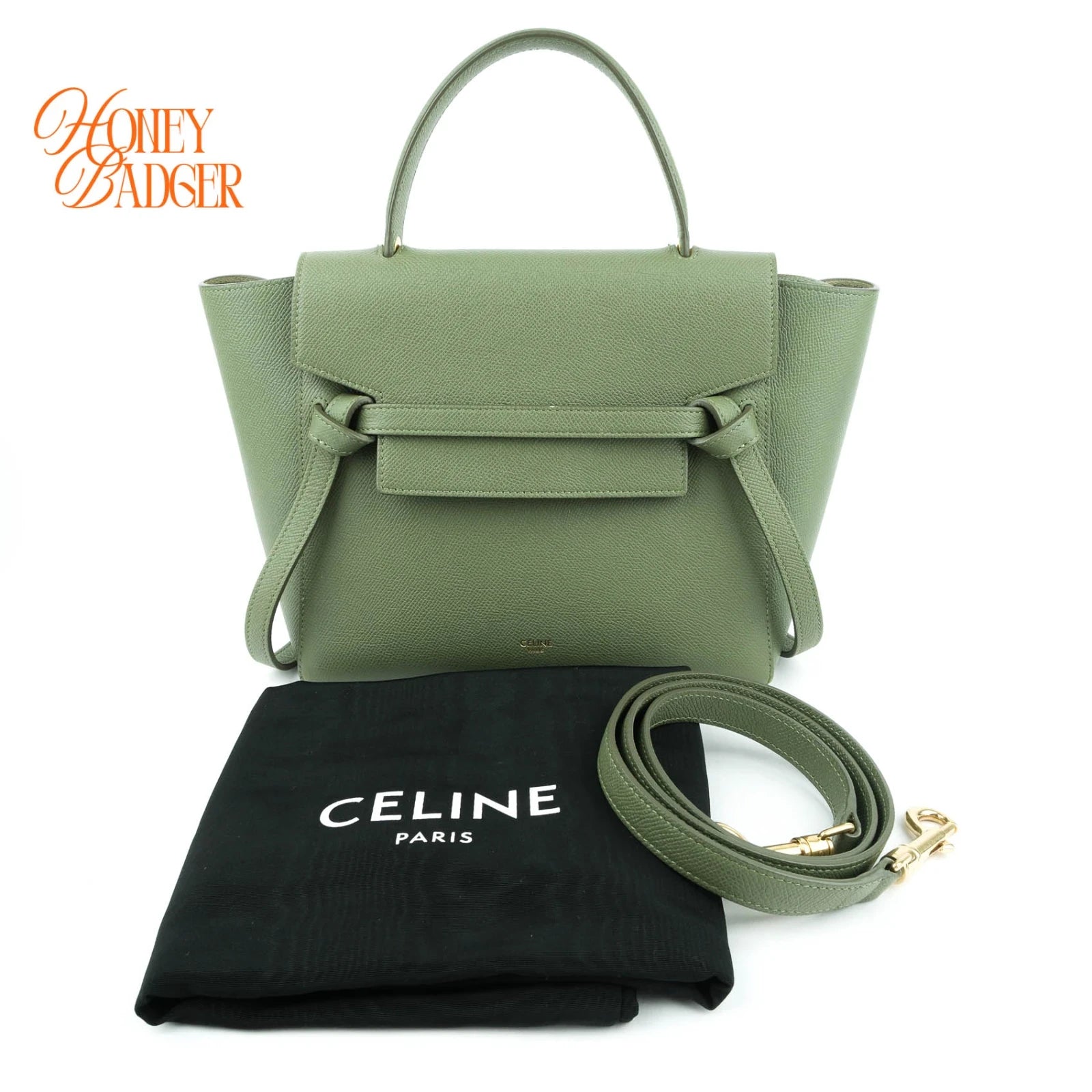 Celine Belt Bag Medium Grained Calfskin Green Gold Hardware Rank A