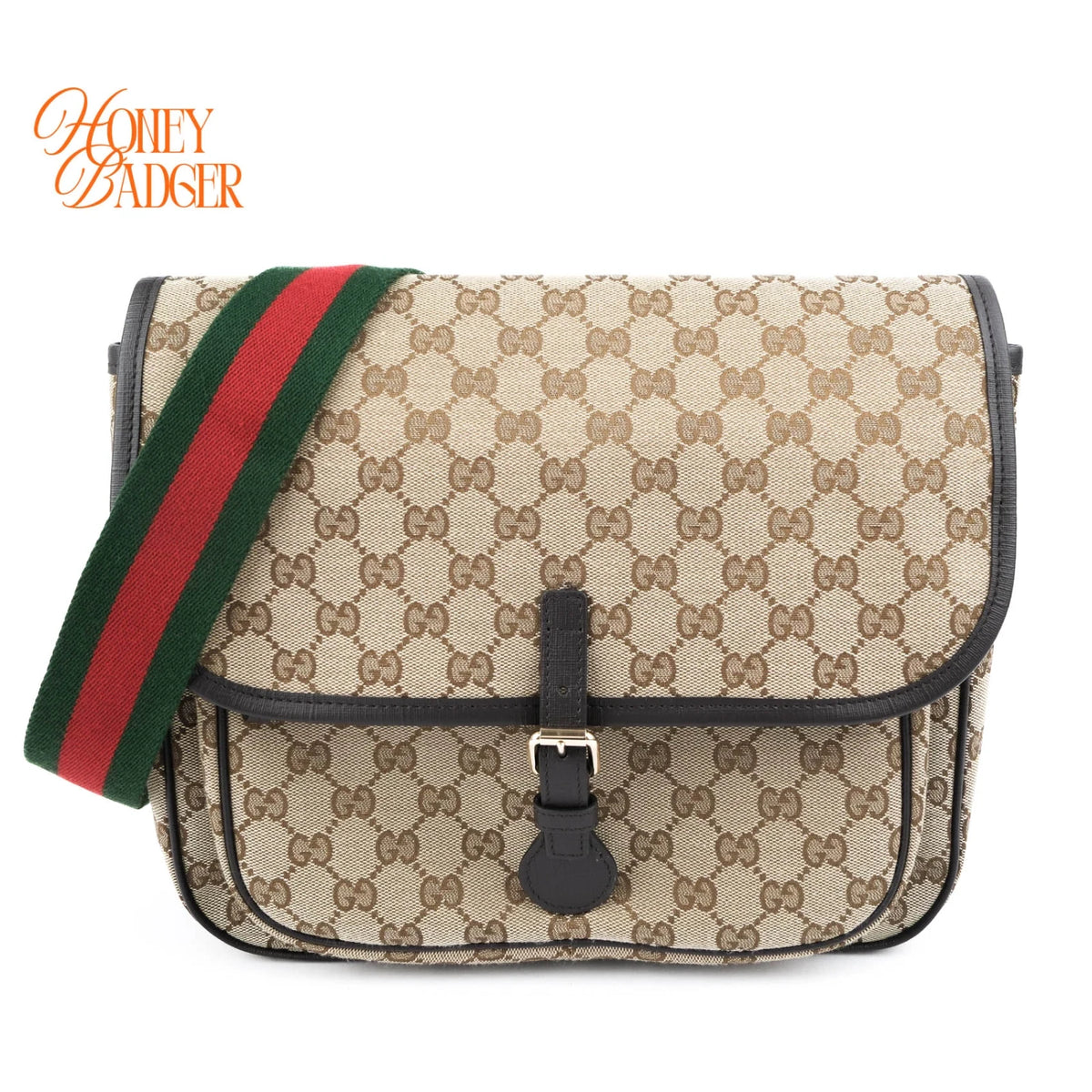 Gucci Original GG Canvas Web Single Buckle Flap Messenger Beige Rank A