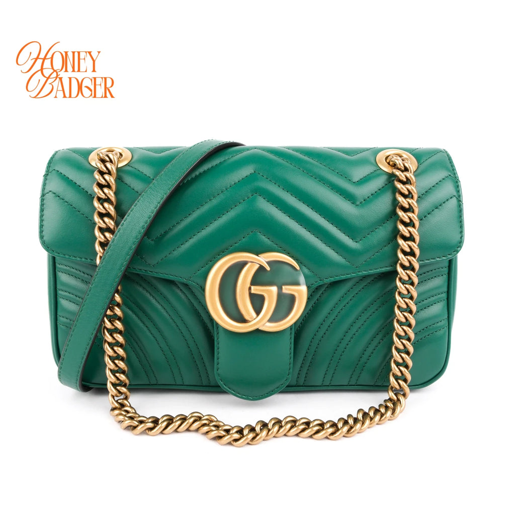 Gucci GG Marmont Small Quilted Leather Green Chain Shoulder Bag Rank A