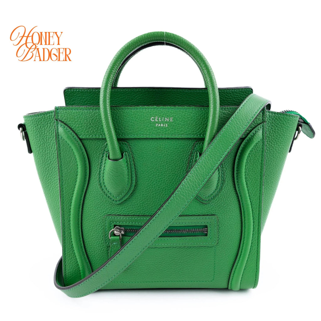 Celine Nano Luggage Bag Drummed Calfskin Green Silver Hardware Rank A