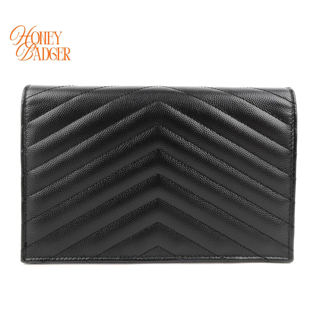 Saint Laurent Cassandre Envelope Chain Wallet Grain de Poudre Leather Black Matte Black Hardware Rank A