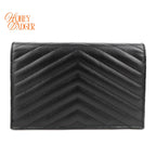 Saint Laurent Cassandre Envelope Chain Wallet Grain de Poudre Leather Black Matte Black Hardware Rank A