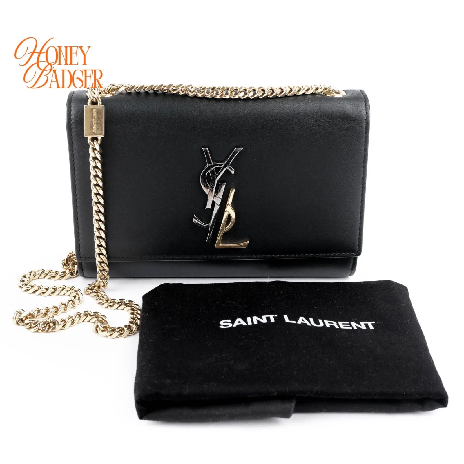 Saint Laurent Kate Small Bicolor Logo Chain Shoulder Bag Black Leather 469390