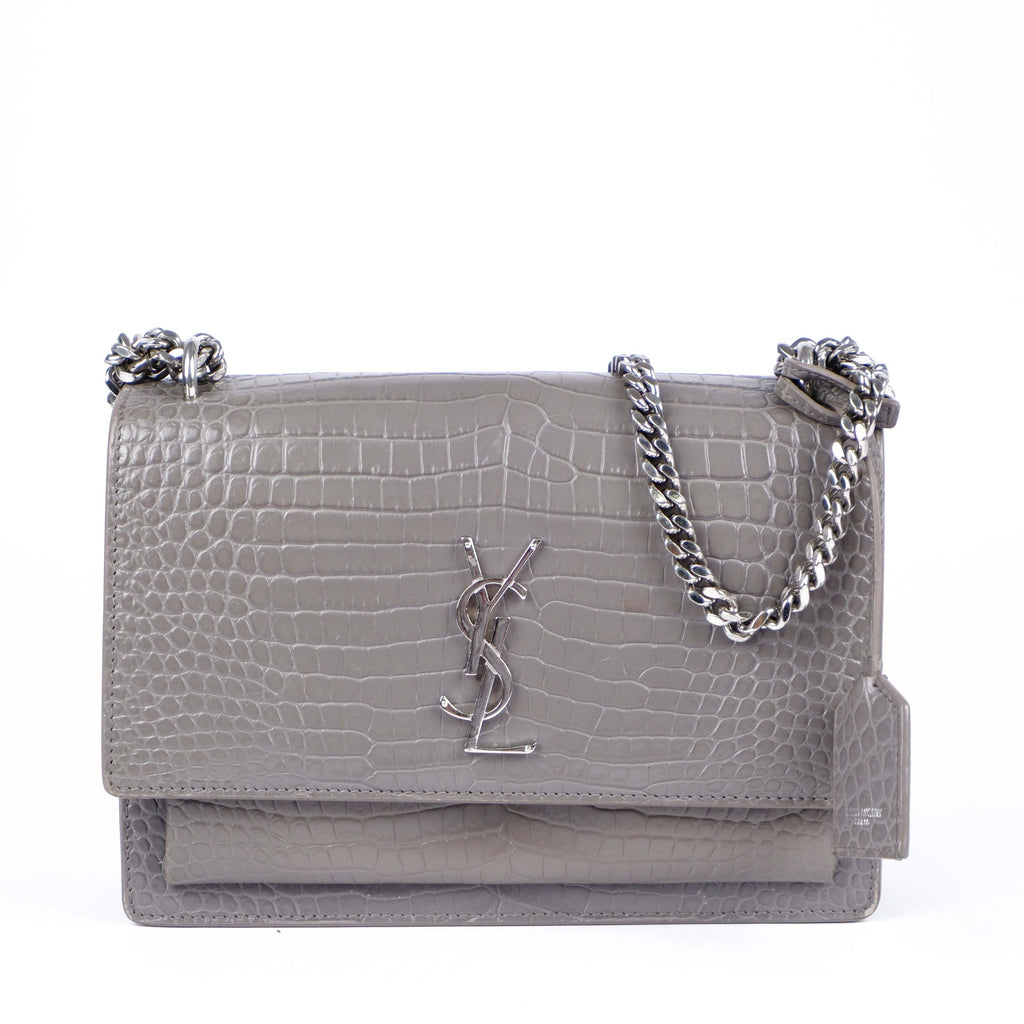 Saint Laurent Medium Sunset Shoulder Bag in Grey Crocodile-Embossed Leather