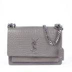 Saint Laurent Medium Sunset Shoulder Bag in Grey Crocodile-Embossed Leather