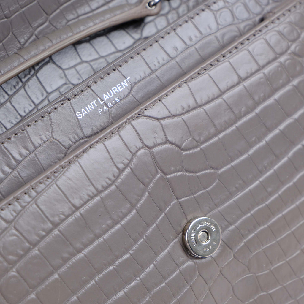 Saint Laurent Medium Sunset Shoulder Bag in Grey Crocodile-Embossed Leather