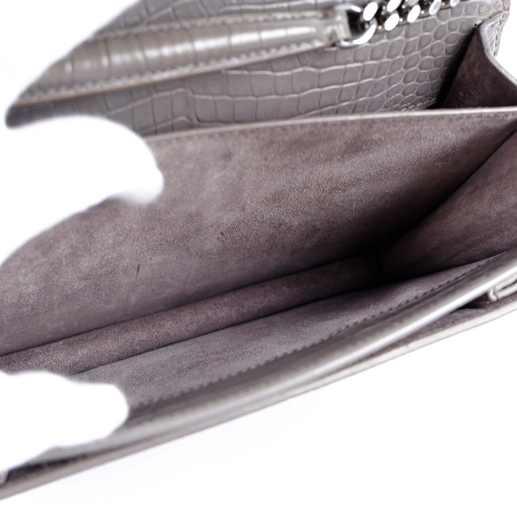 Saint Laurent Medium Sunset Shoulder Bag in Grey Crocodile-Embossed Leather