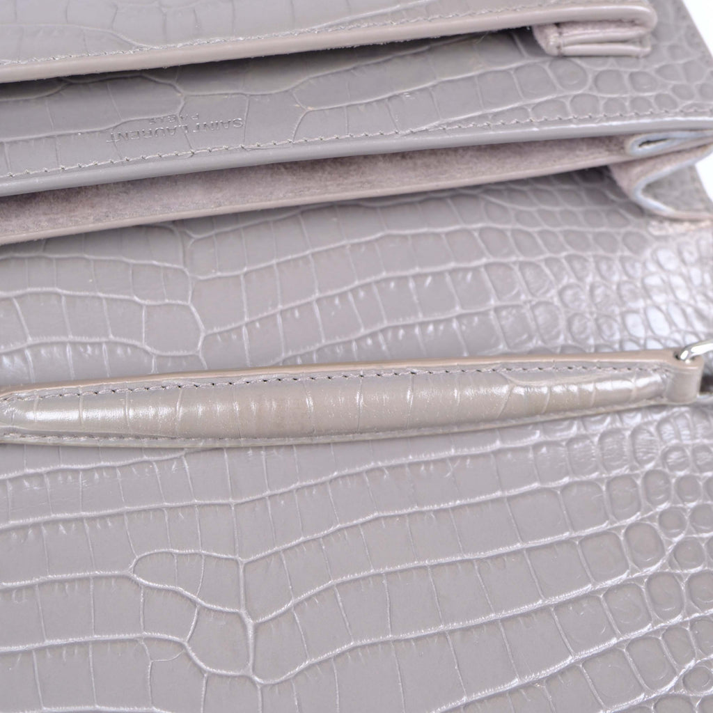 Saint Laurent Medium Sunset Shoulder Bag in Grey Crocodile-Embossed Leather