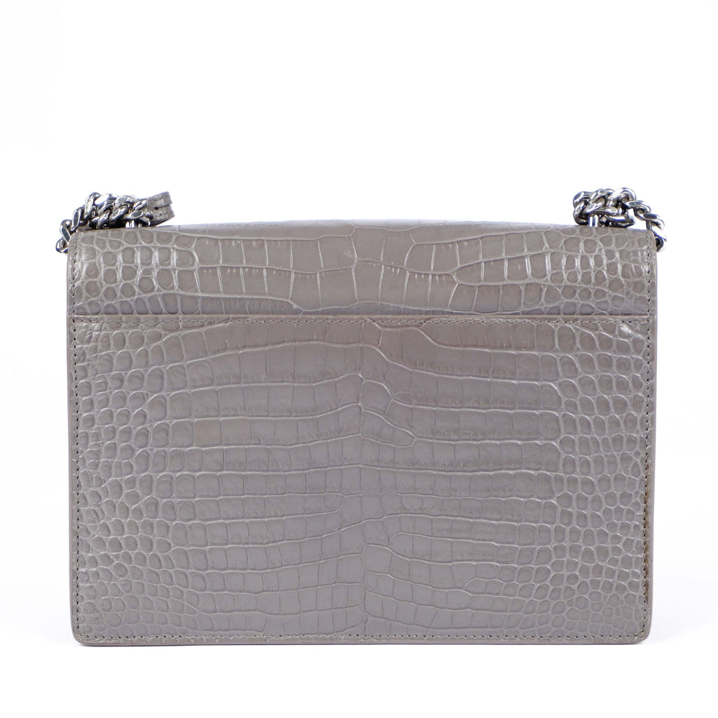 Saint Laurent Medium Sunset Shoulder Bag in Grey Crocodile-Embossed Leather