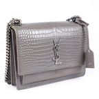 Saint Laurent Medium Sunset Shoulder Bag in Grey Crocodile-Embossed Leather