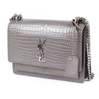 Saint Laurent Medium Sunset Shoulder Bag in Grey Crocodile-Embossed Leather