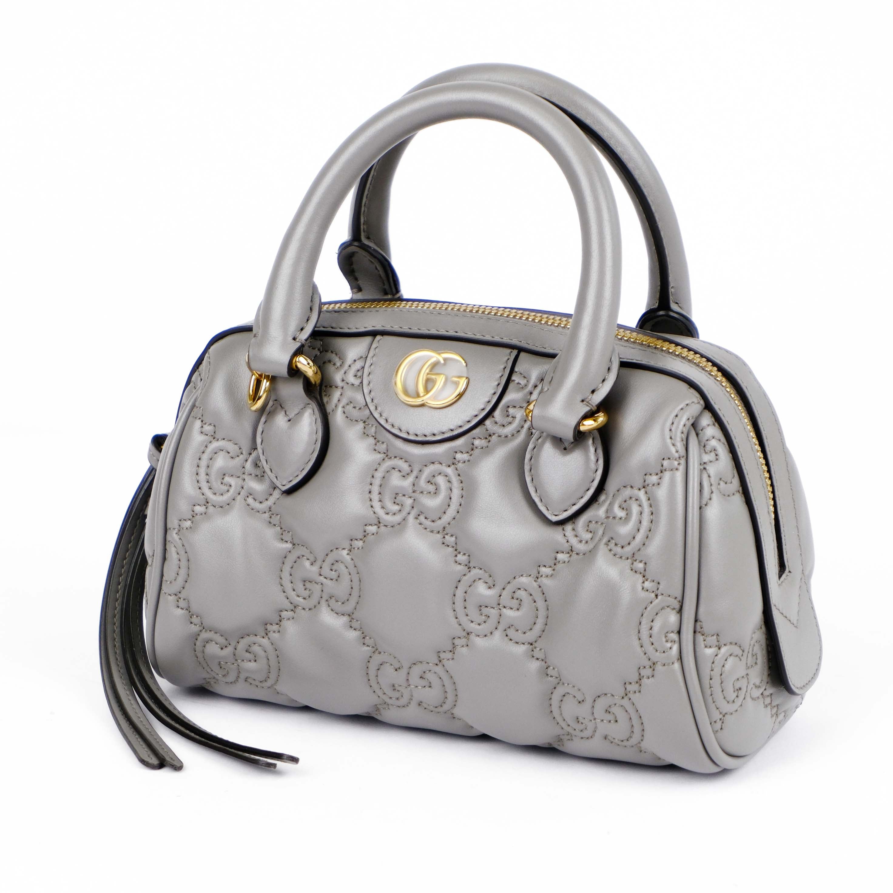 Gucci GG Matelassé Leather 2-Way Handbag Grey Gold Hardware 702251