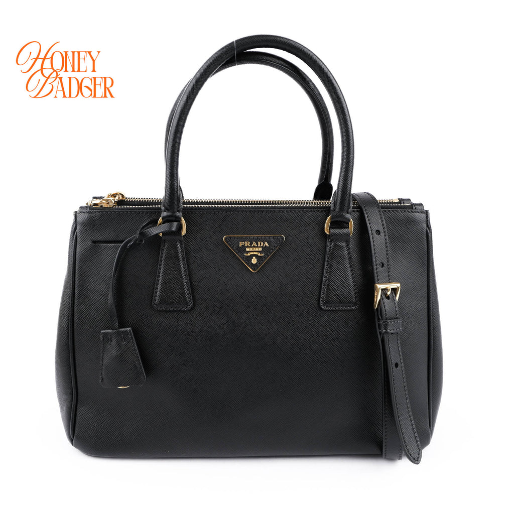 Prada Galleria Medium Saffiano Leather Bag Nero Black Gold Hardware 2WAY Tote