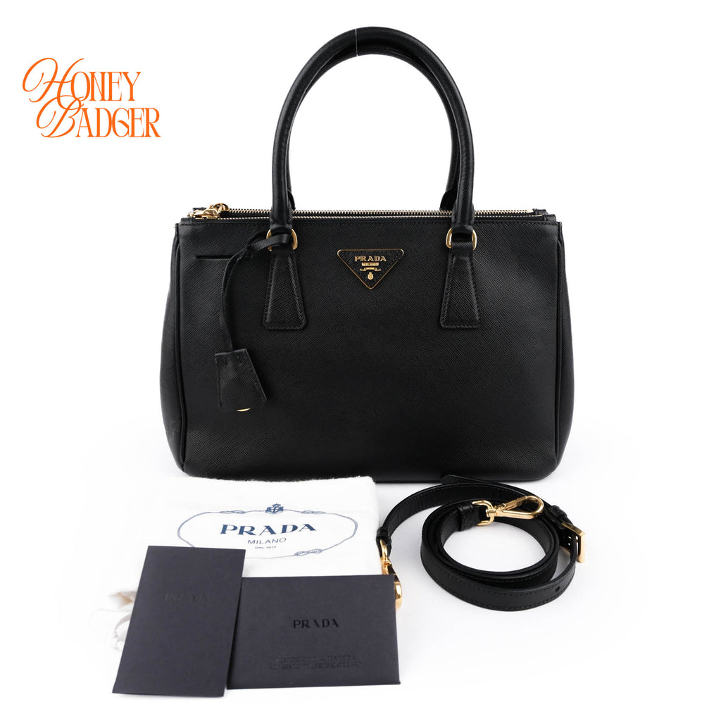 Prada Galleria Medium Saffiano Leather Bag Nero Black Gold Hardware 2WAY Tote