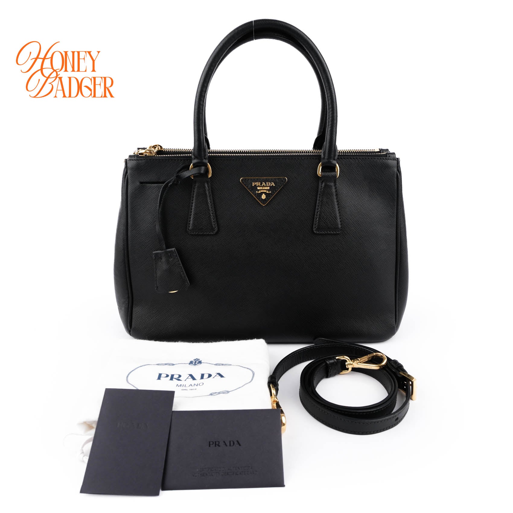 Prada Galleria Medium Saffiano Leather Bag Nero Black Gold Hardware 2WAY Tote
