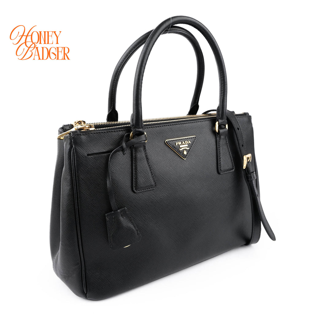 Prada Galleria Medium Saffiano Leather Bag Nero Black Gold Hardware 2WAY Tote