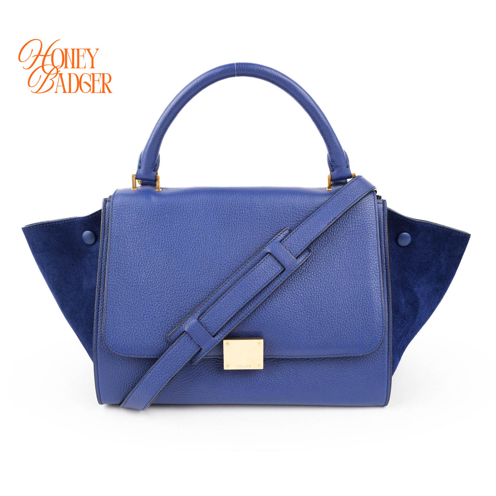 Celine Medium Trapeze 2WAY Handle Bag Blue Drummed Leather Suede Gold Hardware