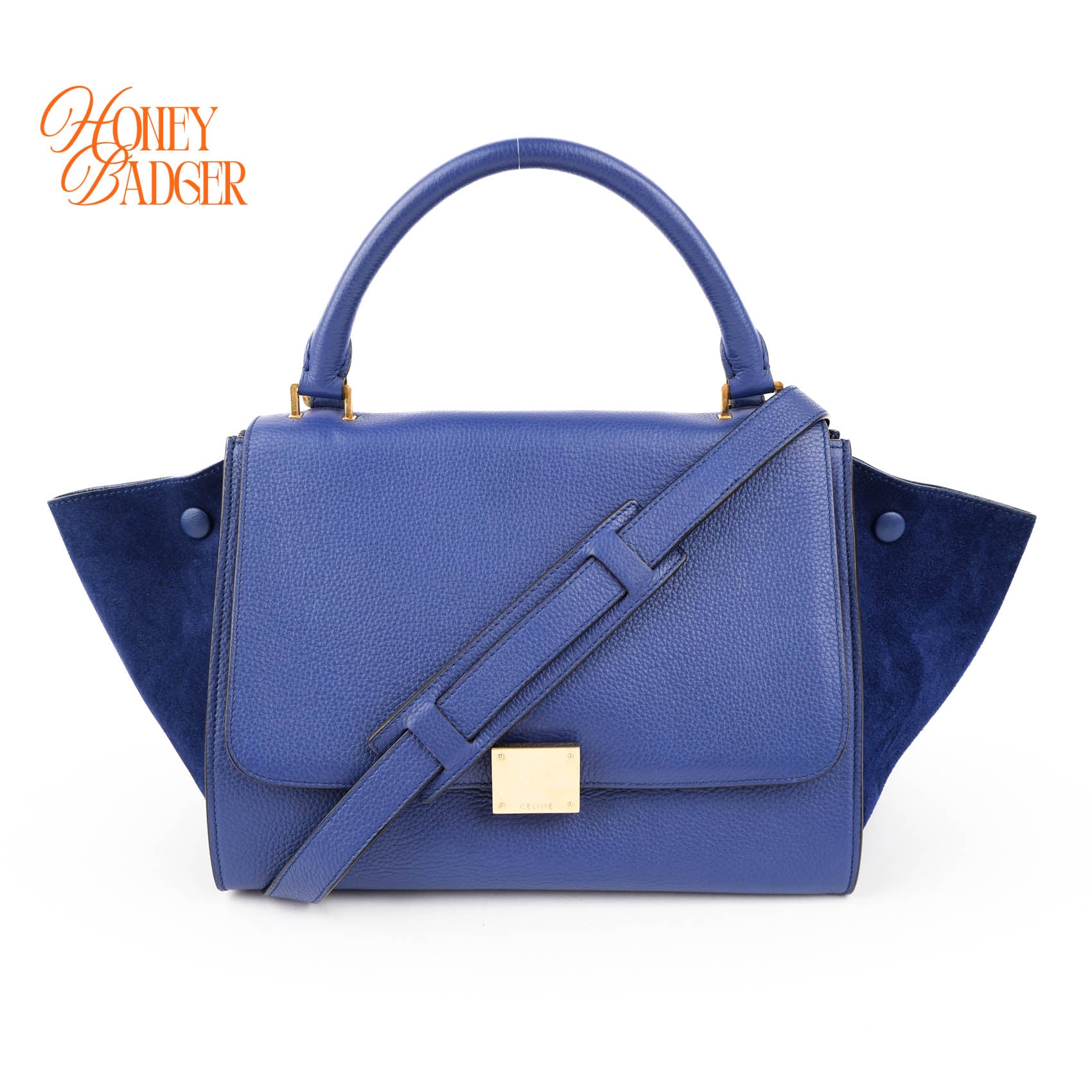 Celine Medium Trapeze 2WAY Handle Bag Blue Drummed Leather Suede Gold Hardware
