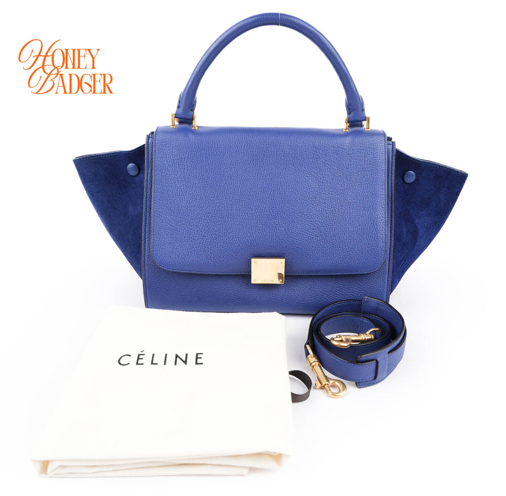 Celine Medium Trapeze 2WAY Handle Bag Blue Drummed Leather Suede Gold Hardware