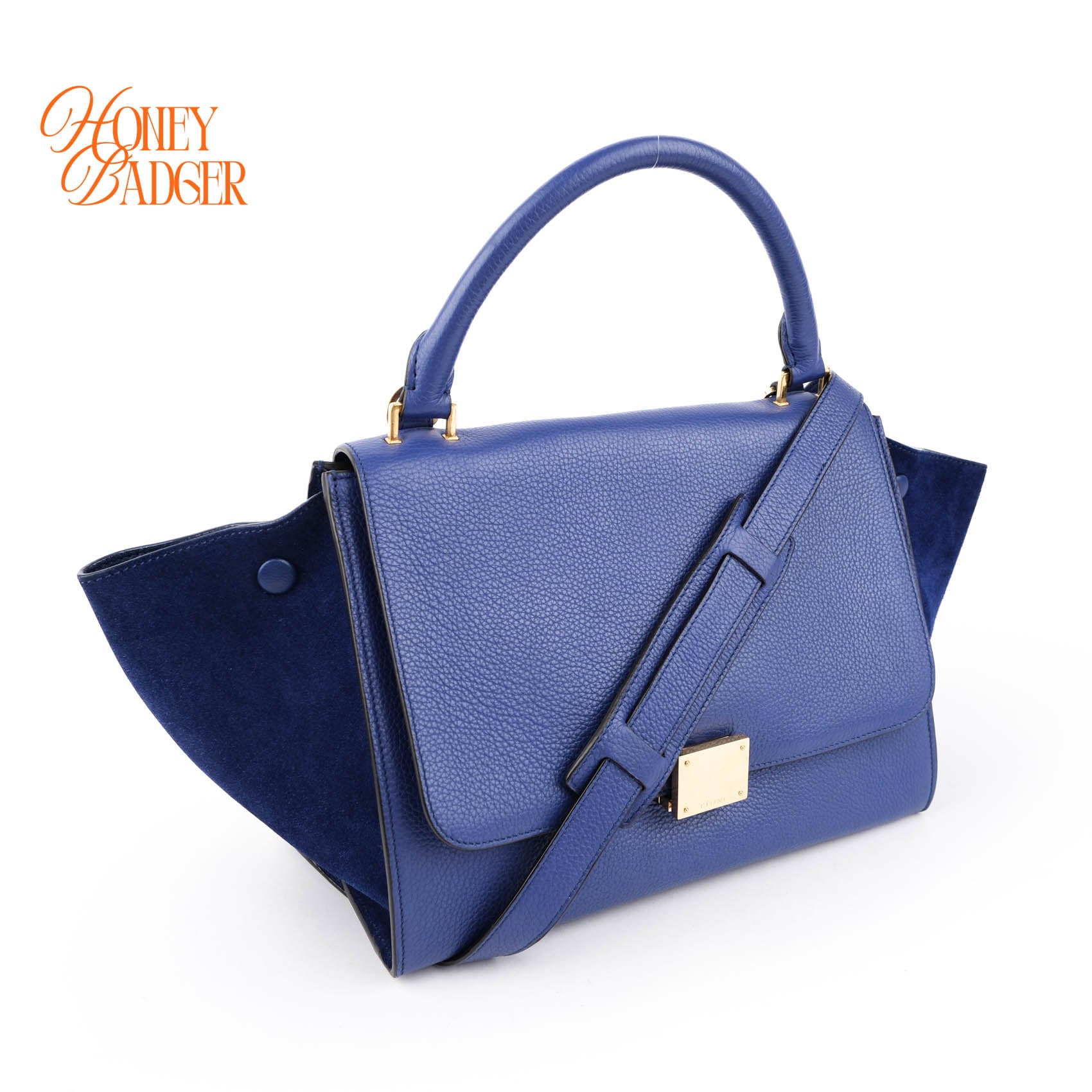 Celine Medium Trapeze 2WAY Handle Bag Blue Drummed Leather Suede Gold Hardware