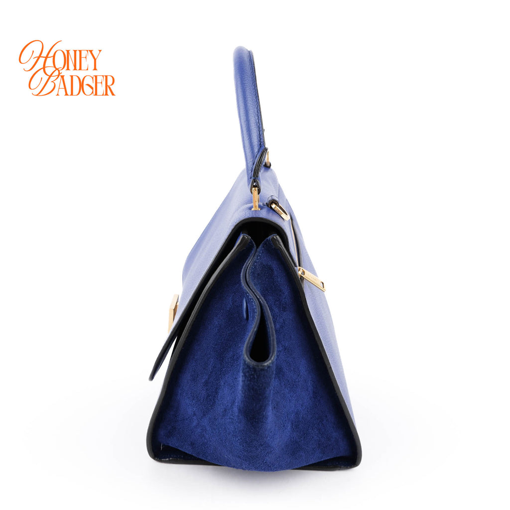 Celine Medium Trapeze 2WAY Handle Bag Blue Drummed Leather Suede Gold Hardware