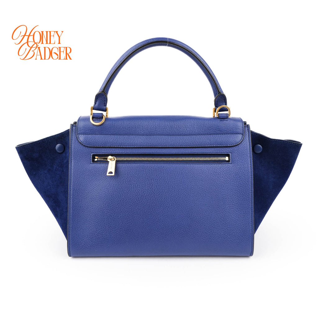 Celine Medium Trapeze 2WAY Handle Bag Blue Drummed Leather Suede Gold Hardware