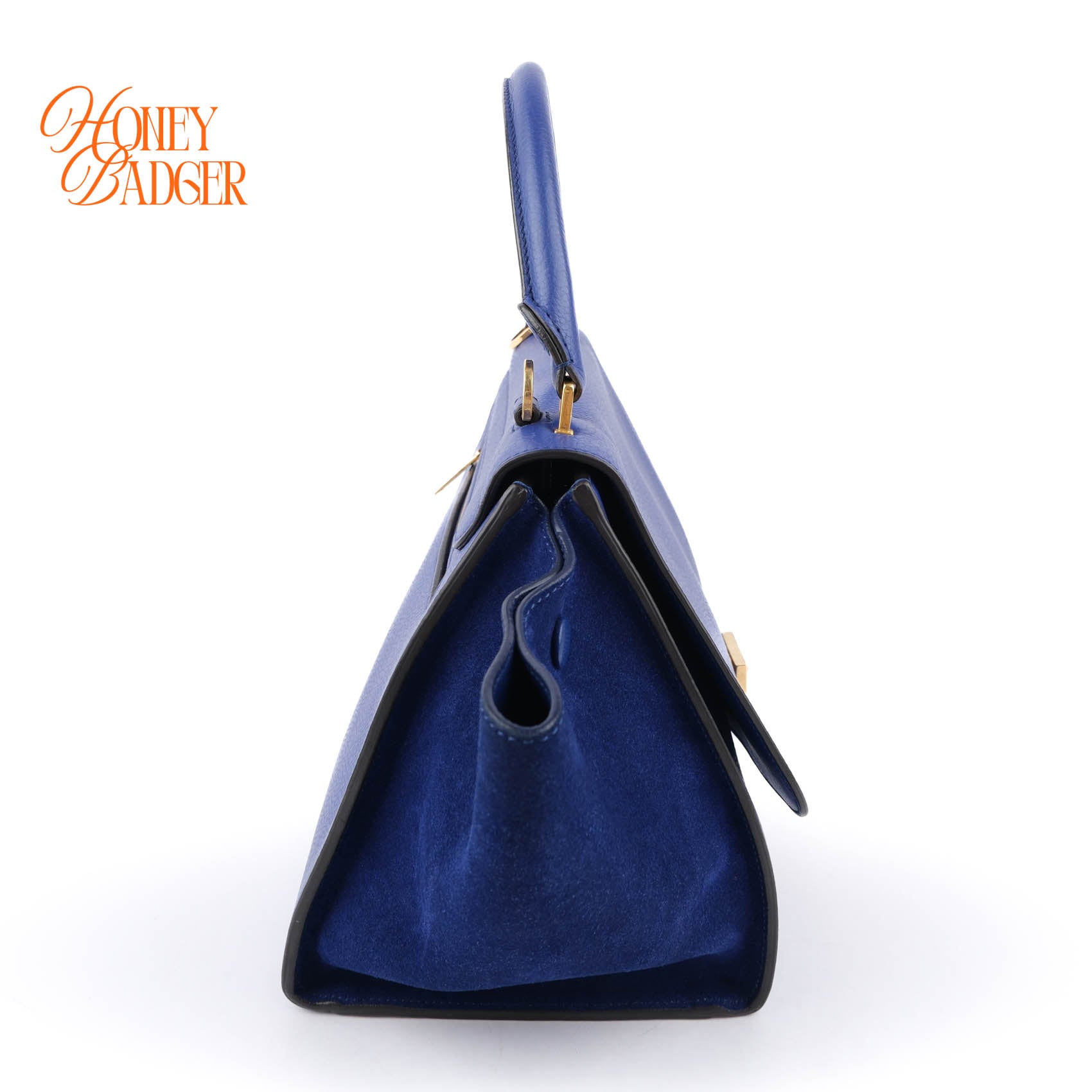 Celine Medium Trapeze 2WAY Handle Bag Blue Drummed Leather Suede Gold Hardware