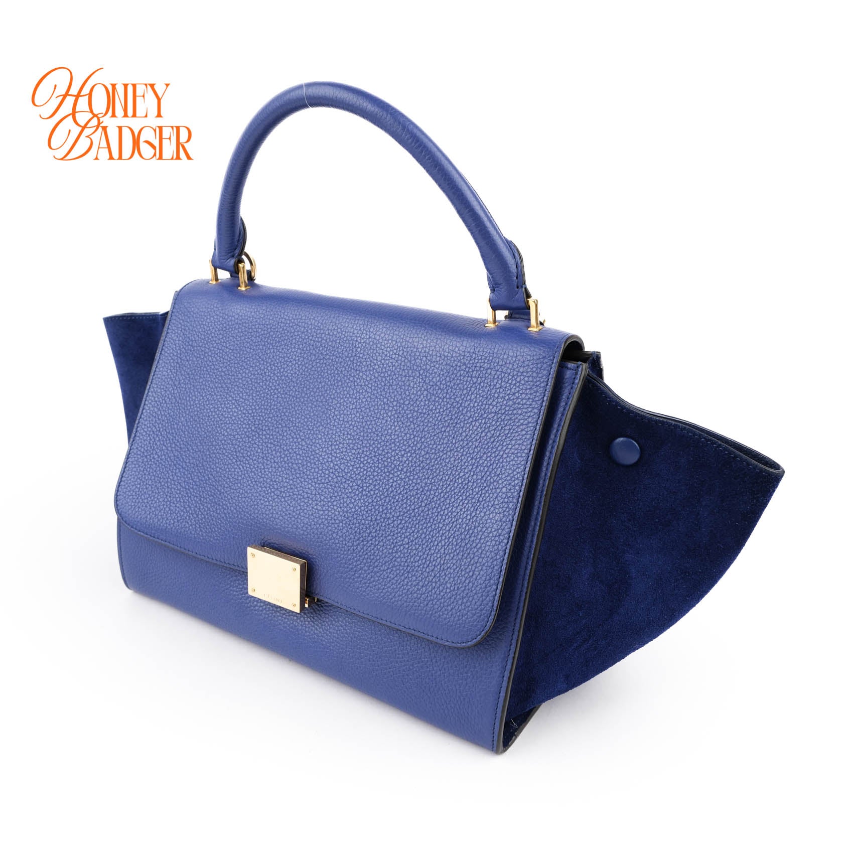 Celine Medium Trapeze 2WAY Handle Bag Blue Drummed Leather Suede Gold Hardware