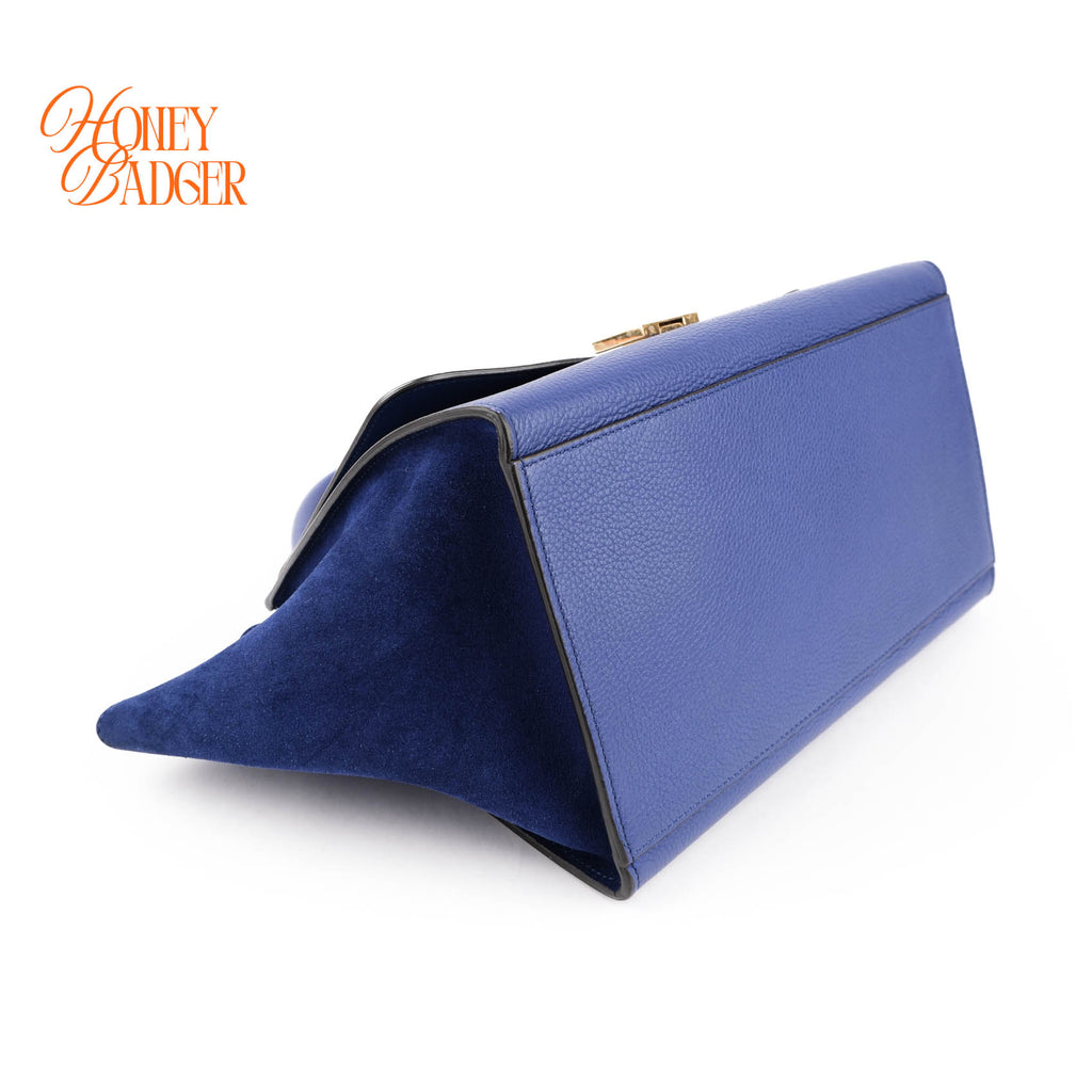 Celine Medium Trapeze 2WAY Handle Bag Blue Drummed Leather Suede Gold Hardware